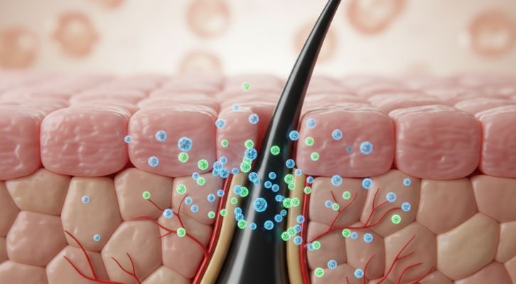 A 3D medical illustration showing exosomes interacting with a hair follicle within the skin layers to promote growth.