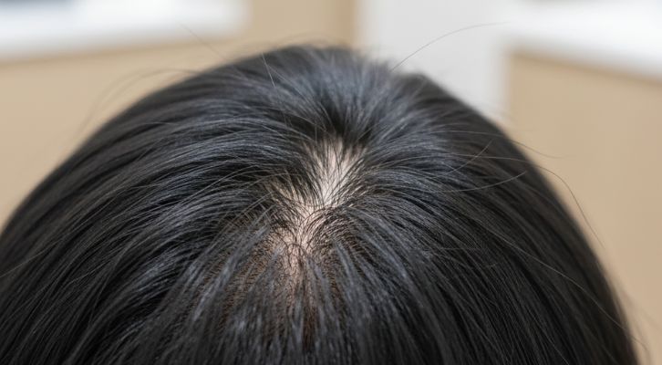 A close-up view of a healthy Asian scalp with dense, dark hair, illustrating robust hair follicle health.
