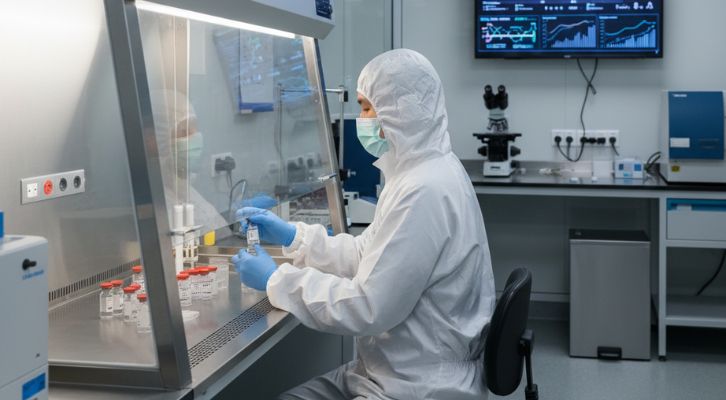 A scientist in a sterile cleanroom suit works with medical vials under a laminar flow hood in a Japanese lab setting.