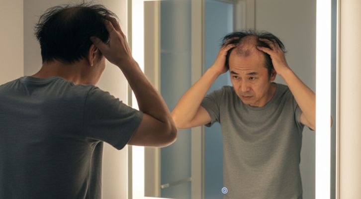朝起きて薄毛で悩んでいる男性