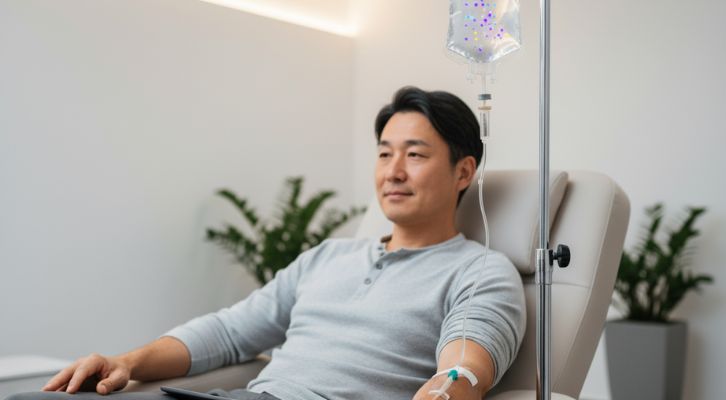 エクソソーム点滴を受けている男性