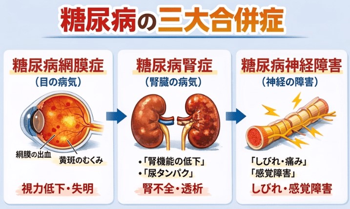 糖尿病の「三大合併症」は糖尿病網膜症（目）・糖尿病腎症（腎臓）・糖尿病神経障害（神経）